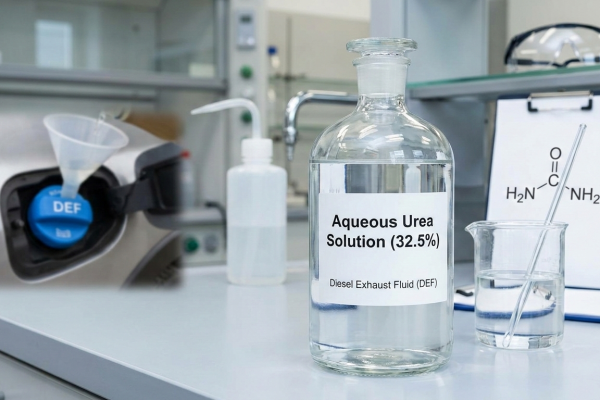 Aqueous Urea Solution AUS 32 glass container labeled DEF in lab setup for SCR diesel systems