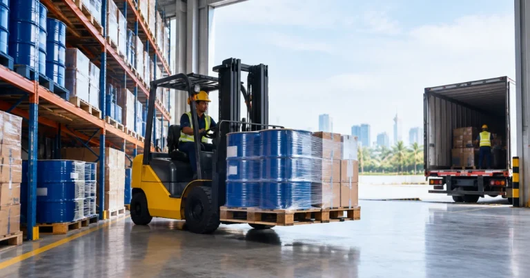 Forklift moving palletized lubricant products in a distribution warehouse for delivery