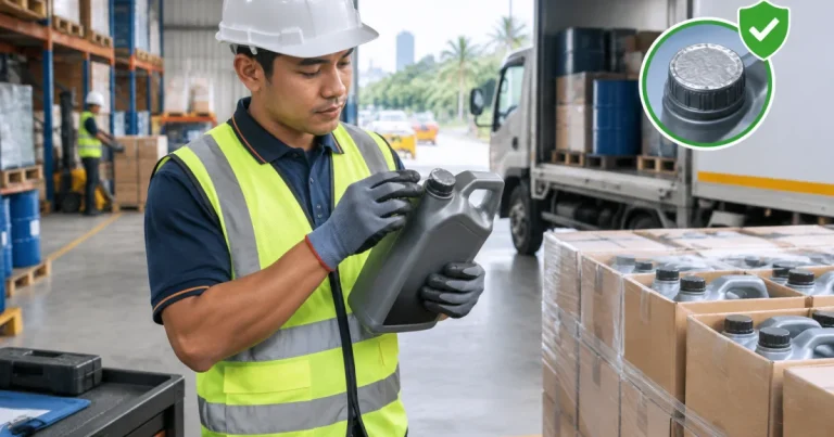 Technician verifying a sealed lubricant container before fleet maintenance use