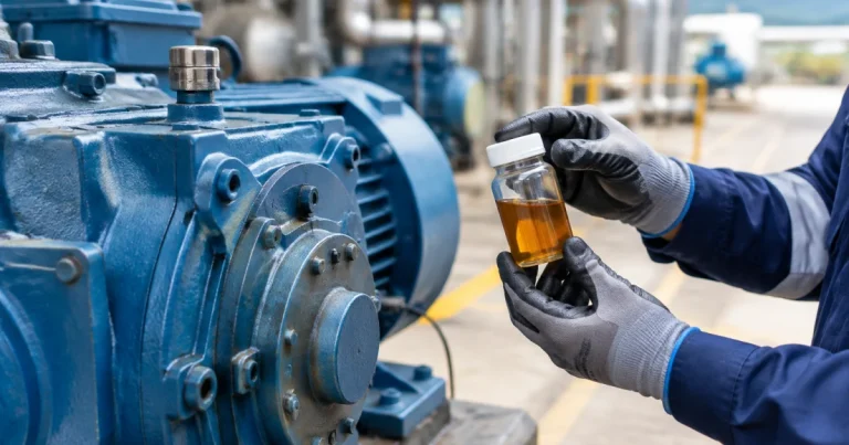 Industrial gearbox and oil sample illustrating gear oil selection considerations